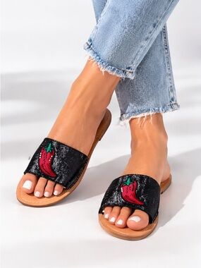Kate Spade Chili Pepper Slide Sandals Women's Size 8 Black Embroidered